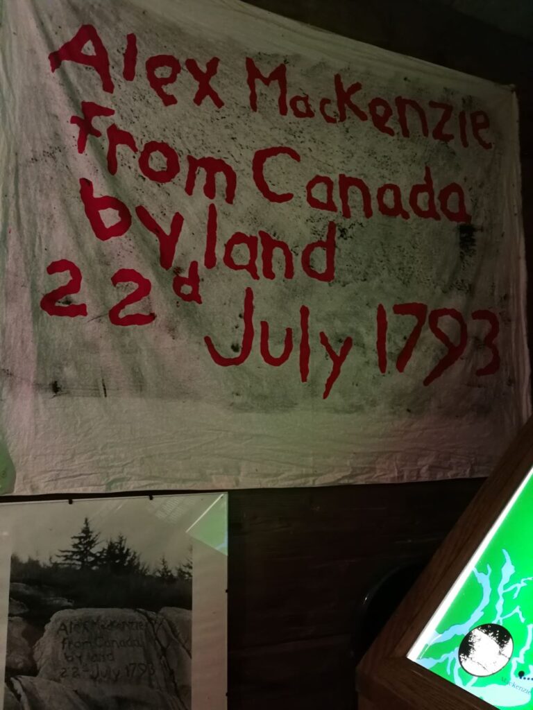 Photo of MacKenzie Rock with the red text of Alex MacKenzie From Canada by land 22nd July 1793