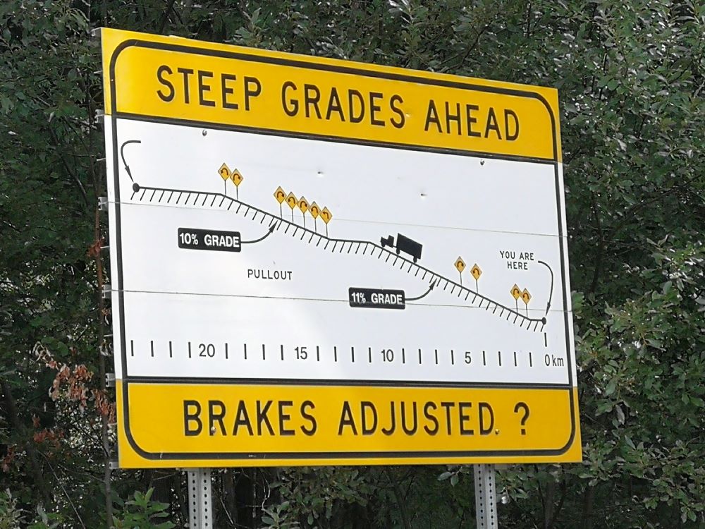 Signage of mountain road's steep grades