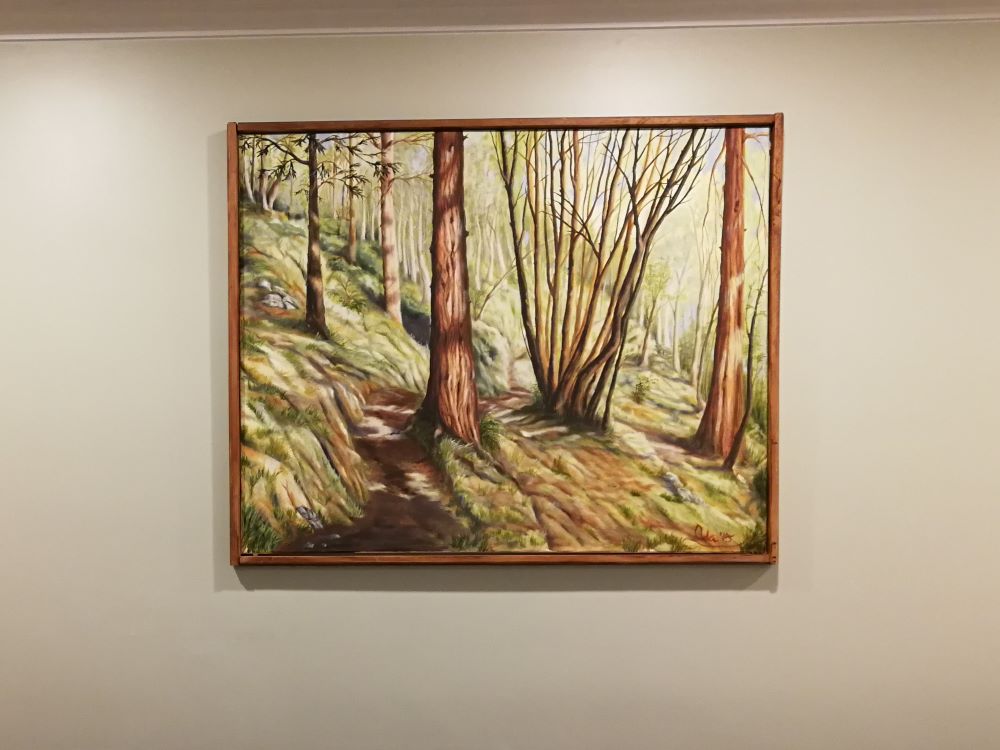 Painting of a red cedar trail by Ada Eriksen