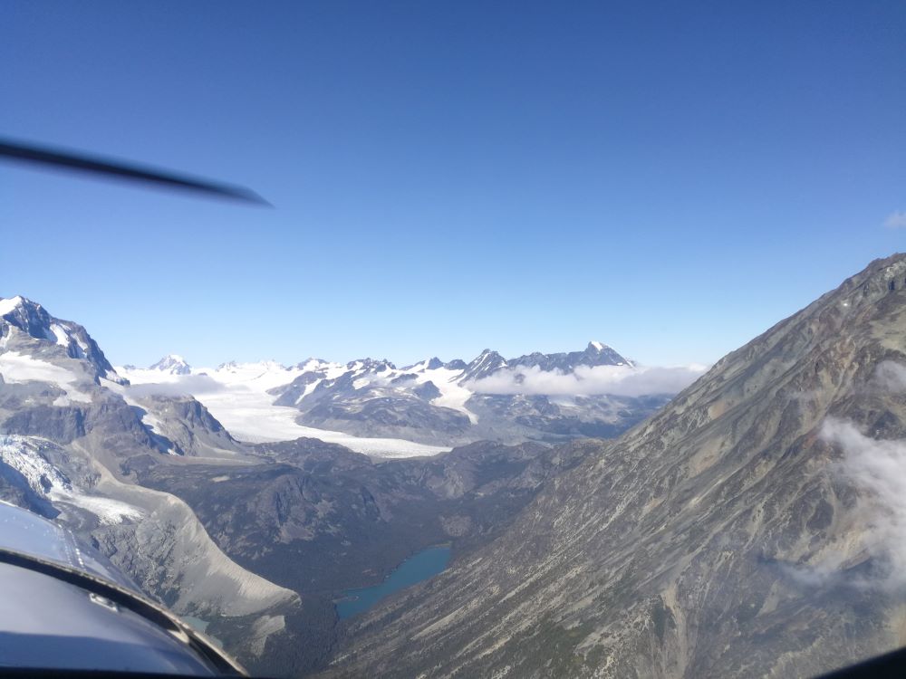 Approaching Monarch Icefield through a gap between two mountain peaks