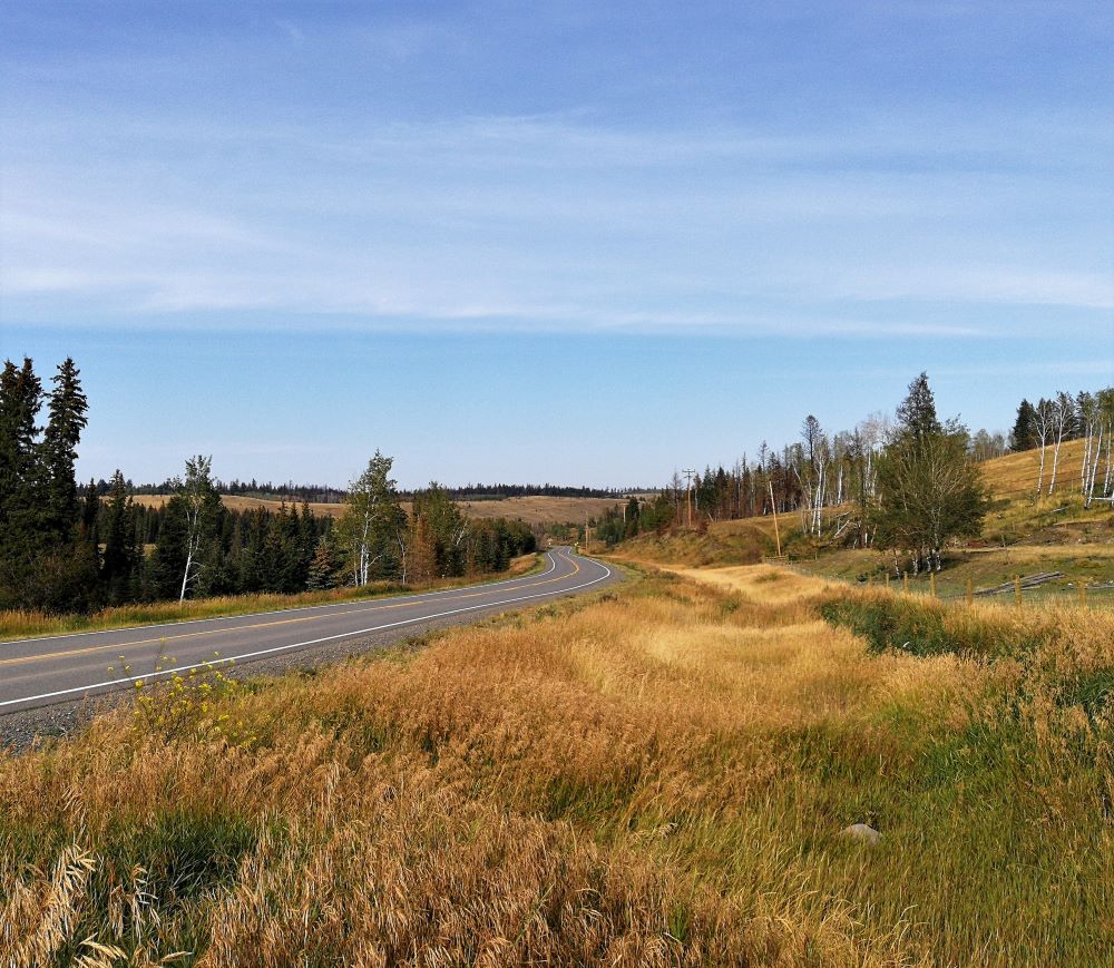 Highway 20 winding through rolling grasslands