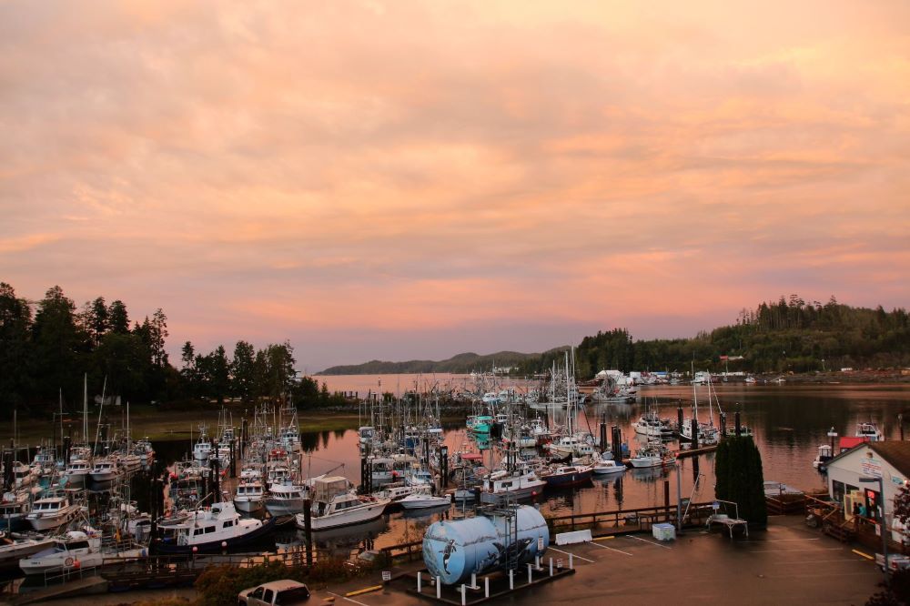 Pink sunset sky oat Port Hardy Harbour